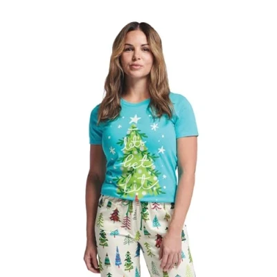 Image of Little Blue House Women&#039;s Short Sleeve Tee Pyjama Top Pajama, Christmas Trees, Large