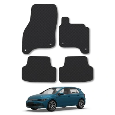 Image of Rubber Car Mats Compatible with VW Golf Mk8 (2020+) [MhEV] Tailored Fit Floor Set Accessory Black Custom 4 Pieces Clips Anti Slip Backing, Heavy Duty &amp; Waterproof