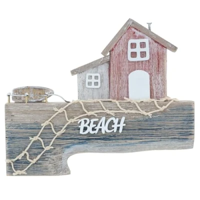 Image of Shudehill Giftware Sandy Bay Hanging Plaque Ornament Decoration Beach Rustic Themed Design with Lighthouse and Huts (Two Houses)