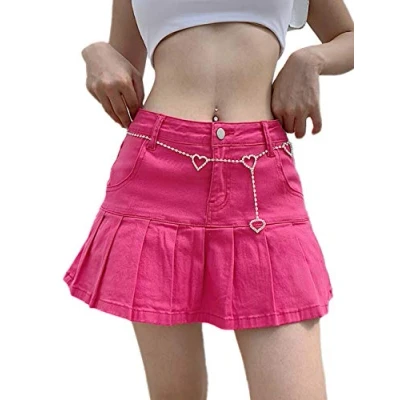 Image of N / D Women High Waisted Plain Pleated Skirt Skater Golf Tennis School Uniforms A line Mini Lining Shorts (Pink, S)