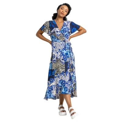 Image of Roman Originals Frill Dress for Women UK Ladies Summer Wrap Chiffon Hem Layered Belted Midi Maxi Tiered Cape Special Occasion Fit &amp; Flare Wedding Guest Swing Skater Petite Blue Size 10