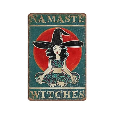 Image of DAIERCY Namaste Witches Tin Signs, Halloween Wall Decor, Witch Yoga Funny Vintage Metal Sign Plaqu Poster Art Bar Kitchen Garden Bathroom Home 140 X 200 mm