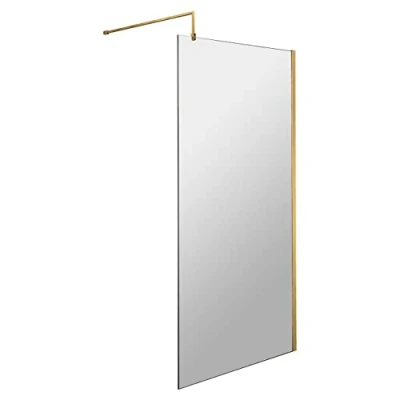 Image of Hudson Reed WRSBB80 Modern Bathroom &#039;Shower Shield&#039; Coated 8mm Toughened Safety Glass Wetroom Screen with Support Bar, 800mm, Brushed Brass