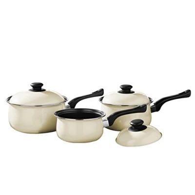 Image of Premier Housewares Pots And Pans Sets Non Stick Set Of 3 Alloy Black / Cream Cookware Everyday Use Kitchen Dishwasher Safe Cooking With Lids