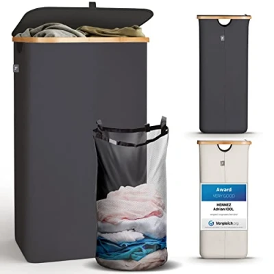 Image of HENNEZ 100L Bamboo Grey Laundry Basket With Lid Hamper Removable Bag Dirty Clothes Washing Baskets for Wash Bin