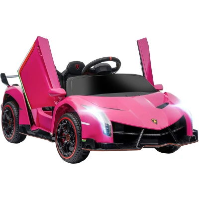 Image of HOMCOM Lamborghini Veneno Licensed 12V Kids Electric Ride On Car with Butterfly Doors, Powered Remote, Music, Horn, Suspension for Ages 3 6 Years Pink