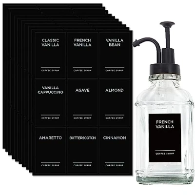 Image of cdxhome 84 Coffee Syrup Labels for Caramel,Vanilla,Chocolate,Waterproof Stickers Bottle &amp; Dispenser,Coffee Bar Accessories Organization(Black)