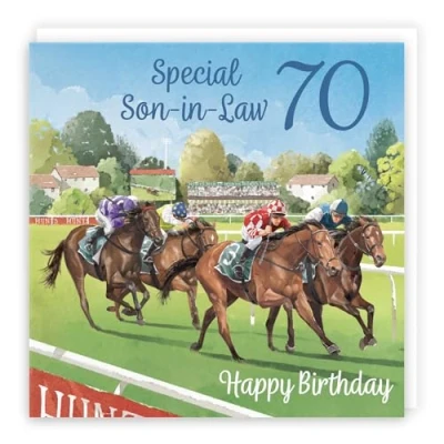 Image of Hunts England 70th Son in Law Horse Racing Birthday Card Milo&#039;s Gallery Age 70 Sport Fun For Year Old Fan Seventy