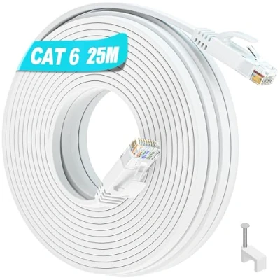 Image of Ethernet Cable 25m Cat6, High Speed Network Gigabit Internet 25m, Flat RJ45 Long LAN Wlan White, Indoor Patch 10/100/1000Mbit/s 250MHz for Router Modem (25 Clips)