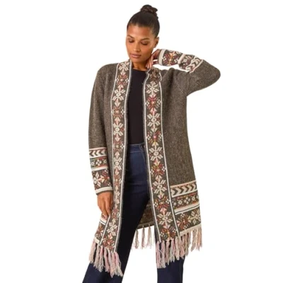 Image of Roman Originals Women Cardigan Ladies Longline Coatigan Tassel Open Front Cardi Winter Autumn Casual Textured Edge to Yarn Patterned Comfy Work Going Out Green Multi Size 14