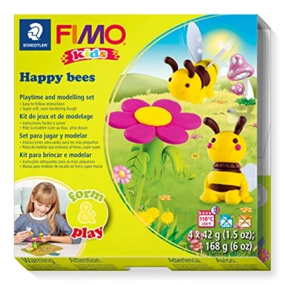 Image of STAEDTLER 8034 27 LZ FIMO Kids Form&amp;Play Playtime &amp; Modelling Polymer Clay Set &quot;Happy Bees&quot; (Pack of 4 Blocks, Stickers, Tools Background Scene)