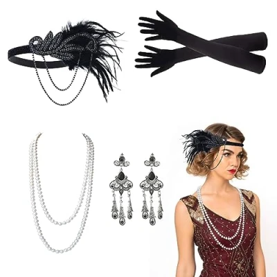 Image of VIKSAUN 5 Pcs 1920 Accessories Set Great Gatsby Fancy Dress, Flapper Accessories, Long Gloves Pearl Necklace for Women,Headband Headpiece,Ladies Charleston (5 Pcs)