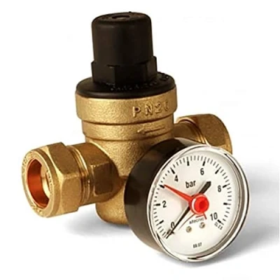 Image of Pressure REDUCING Valve DZR Brass C/W Rear Entry Gauge 15MM 1 6 BAR PRV