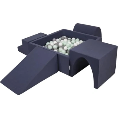 Image of KiddyMoon Foam Playground For Kids With Square Ballpit (200 Balls ∅ 7Cm/2.75In) Soft Obstacles Course And Ball Pool Made In EU, Darkblue:White/Grey/Mint