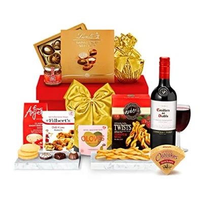 Image of Luxury Red Wine Gift Box Chessington Hamper with Gourmet Marmalade, Olives, Oatcakes, Shortbread, Pudding Gifts for Birthdays and Celebrations, from Regency Hampers