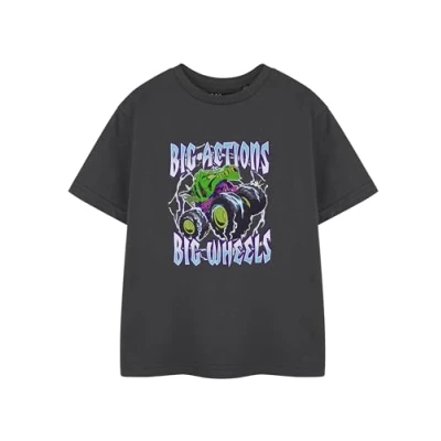 Image of Hot Wheels Monster Trucks Boys T Shirt in Charcoal Big Action Graphic Tee for Kids Children&#039;s Short Sleeve Truck Apparel Cool Racing Top Merchandise Gift