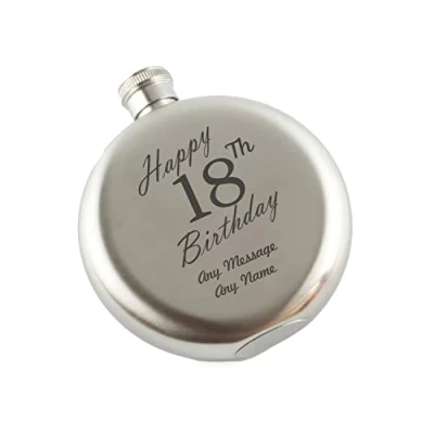 Image of Personalised Engraved 5oz Round Silver Stainless Steel Hip Flask, Happy 18th Birthday Design, Gift for Him, Gift, Laser in The UK
