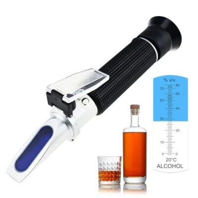 Image of Optics Alcohol Refractometer 0 80% Volume Percent ATC, For Liquor production, Spirit Measurement, Ethanol with water, Distilled beverages, Winemakers, EXTRA LED light &amp; pipettes