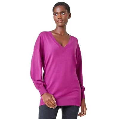 Image of Roman Originals V Neck Jumper for Women UK Ladies Boyfriend Fit Slouch Sweater Winter Autumn Textured Casual Flattering Knit Pullover Knitwear Daywear Lightweight Lounge Magenta Size 12