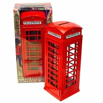 Image of KAV Red Phone Booth Money Box Bank Souvenir Die Cast Zinc London with Union Jack, Collectible Easy Access Cap for Kids and Adults Distinctive Size: 17x6.9x6.7cm