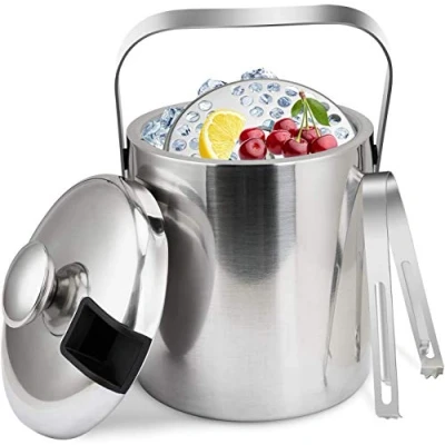 Image of Ice Bucket Double Wall Insulated,with Lid,Strainer and Tong, Stainless Steel Silver,Perfect for BBQs, Parties, Bars, Clubs, Restaurants
