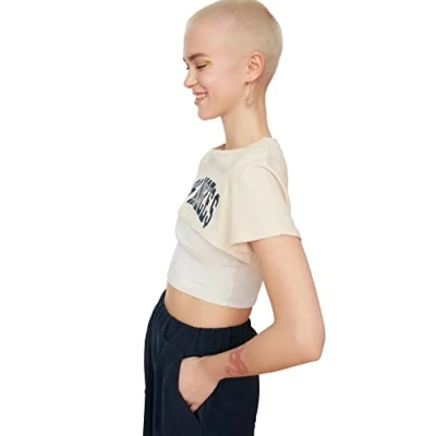 Image of Trendyol Women Young Relaxed fit Basic Crew Neck Knit T Shirt Stone