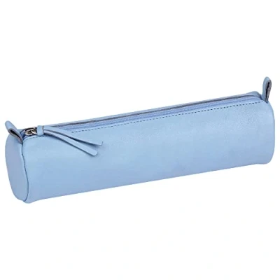 Image of Clairefontaine Ref 410159C Coloured Leather Round Pencil Case 22cm x 5.5cm, Made From Genuine Lambskin Leather, Metal Zip With Puller Sky Blue
