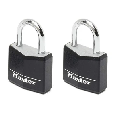 Image of Master Lock 9130EURTBLK Pack of 2 Key Padlocks in Aluminium with Vinyl Cover, Black, 3 x 5.2 1.6 cm