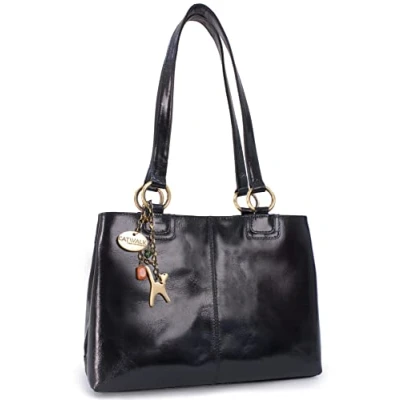 Image of Catwalk Collection Handbags Patent Leather Shoulder Bag For Women Medium Tote Handbag With Multiple Compartments BELLSTONE Black