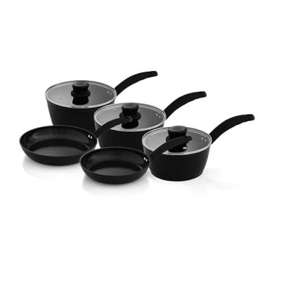 Image of Swan SWPS5021BLKN Stealth 5 Piece Cookware Set with Superior Ceramic Coating, 18, 20, 22cm Saucepans Tempered Glass Lids, 24cm Frying Pans, Induction Compatible, Black