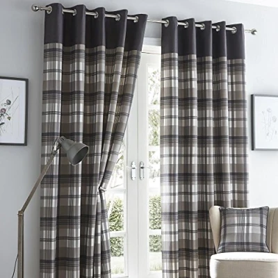 Image of Homemaker Portfolio Orleans Check Striped Fully Lined Eyelet Ring Top Curtains Charcoal Grey, Polyester, 66&quot; Wide x 54&quot; Drop (168cm 137cm)