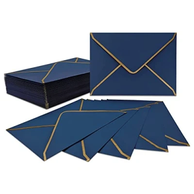 Image of 50 PCS Invitation Envelopes 18.5 x 13.5 cm, Blue 5 7 Inch V Flap Mailing Card Quick Seal with Gold Border for Weddings, Graduations, Greeting Cards