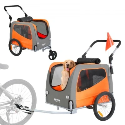 Image of VEVOR Dog Bike Trailer, Supports up to 66 lbs, 2 in 1 Pet Stroller Cart Bicycle Carrier, Easy Folding Frame with Quick Release Wheels, Universal Coupler, Reflectors, Flag, Orange/Gray