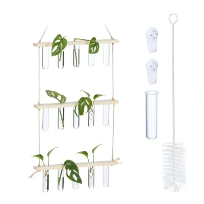 Image of Relaxdays Plant Propagation Station, Hanging, 15 Glass Tube Vases with Wooden Shelf, Several Levels, Natural/Transparent, Wood, 86 x 35.5 4.5 cm