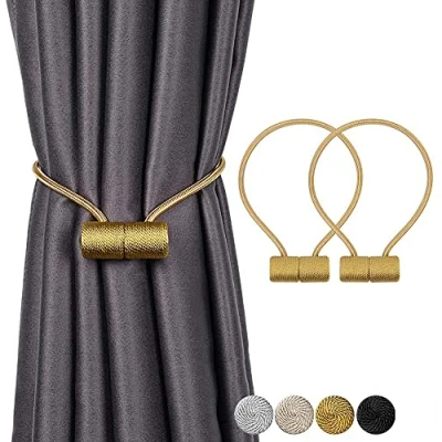 Image of Magnetic Curtain Tiebacks, Strong Window Tiebacks Clips Decorative Rope Holdbacks Drapery Tie Backs Weave Holder for Draperies Hold Curtains Drape Ties (2, Gold)