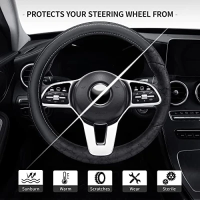 Image of Microfiber Leather 15&quot; Universal Fit Car Steering Wheel Cover, Elastic Breathable and Odorless, Black with White Accent