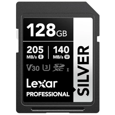 Image of Lexar 128GB SD Card SILVER, Up to 205MB/s Read, 140MB/s Write, SDXC UHS I Memory Card, Class 10, U3, V30, for Professional Photographers, Videographers, Enthusiasts