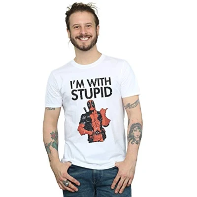 Image of Marvel Men&#039;s Deadpool I&#039;m with Stupid T Shirt White Large