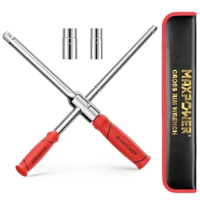 Image of MAXPOWER Car Wheel Brace Wrench, Detachable Lug Wrench Rapid Cross with 1/2 Inch Drive 2PCs Sockets Size (17mm/19mm &amp; 21mm/23mm)
