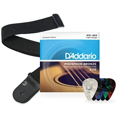 Image of D&#039;Addario Acoustic Guitar Strings, Picks, Strap Beginner Kit EJ16 Phosphor Bronze 12 53 Light Poly Pro Black 10 pack Celluloid Assorted, Medium Gauge Picks
