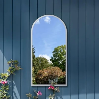 Image of MirrorOutlet The Arcus White Metal Framed Modern Arched Garden Wall Mirror 47&quot; X 23.5&quot; (120CM 60CM) Black. 2cm Wide Frame and 3cm Deep.