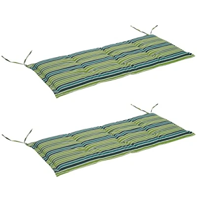 Image of Outsunny Set of 2 Outdoor Garden Patio 3 Seater Bench Swing Chair Cushion Seat Pad Mat Replacement 120L x 50W 5T cm Green Stripes