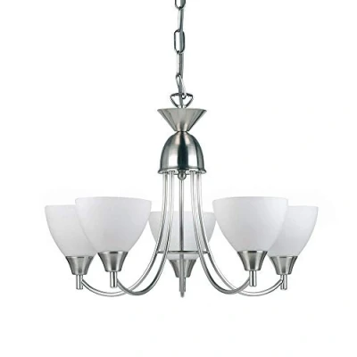 Image of Andy Decorative 5 Way Satin Chrome Branch Arm Pendant Ceiling Light with Matt Opal Glass Shades
