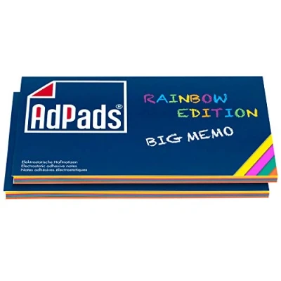 Image of AdPads® Electrostatic Self Adhesive Note Presentation Cards, Rainbow Edition Big Memo 170 x 100 mm, 200 Sheets, Colourful, Mixed Static Sticky Notes