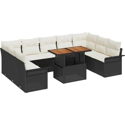 Image of vidaXL 10 Piece Garden Dining Set with Cushions Black Poly Rattan Acacia