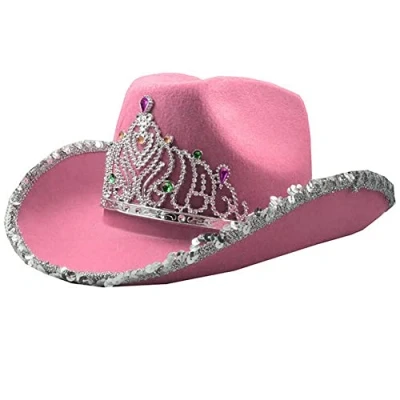 Image of Bemvp Cowgirl Sequin Hat Pink Tiara Cowboy Non Woven Blinking Rhinestone Crown Cap for Party Costume Decoration