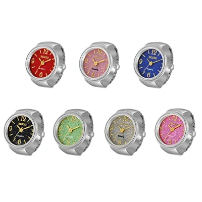 Image of JewelryWe Men Women 7PCS Finger Watches Set Gold/Silver Plated Elastic Watch Rings Glitter Round Dial Quartz Ring