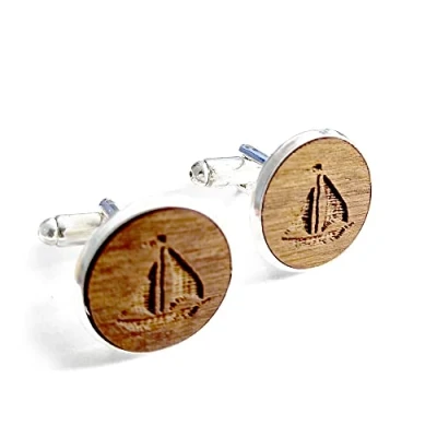 Image of Boat Cufflinks, Handmade Engraved Wooden Birthday Gift, 5th Wedding Anniversary Present, With Gift Box