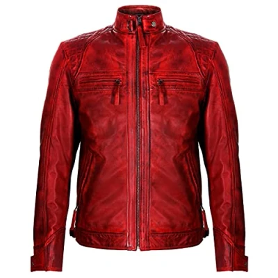 Image of Men&#039;s Vintage Red Leather Retro Jacket Classic Racing Quilted Biker Moto Fashion 5XL