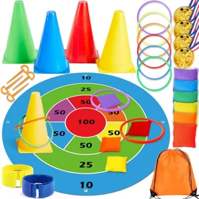 Image of Lubibi 3 in 1 Ring Toss Game Carnival Games Set, Plastic Cones Bean Bags With Storage Bag, Throwing Rings For Kids &amp; Adult Outdoor Garden Party Sports Day Indoor Activity